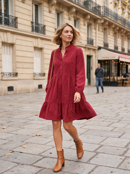 Robe Eugénie - Velours Côtelé Col Volanté