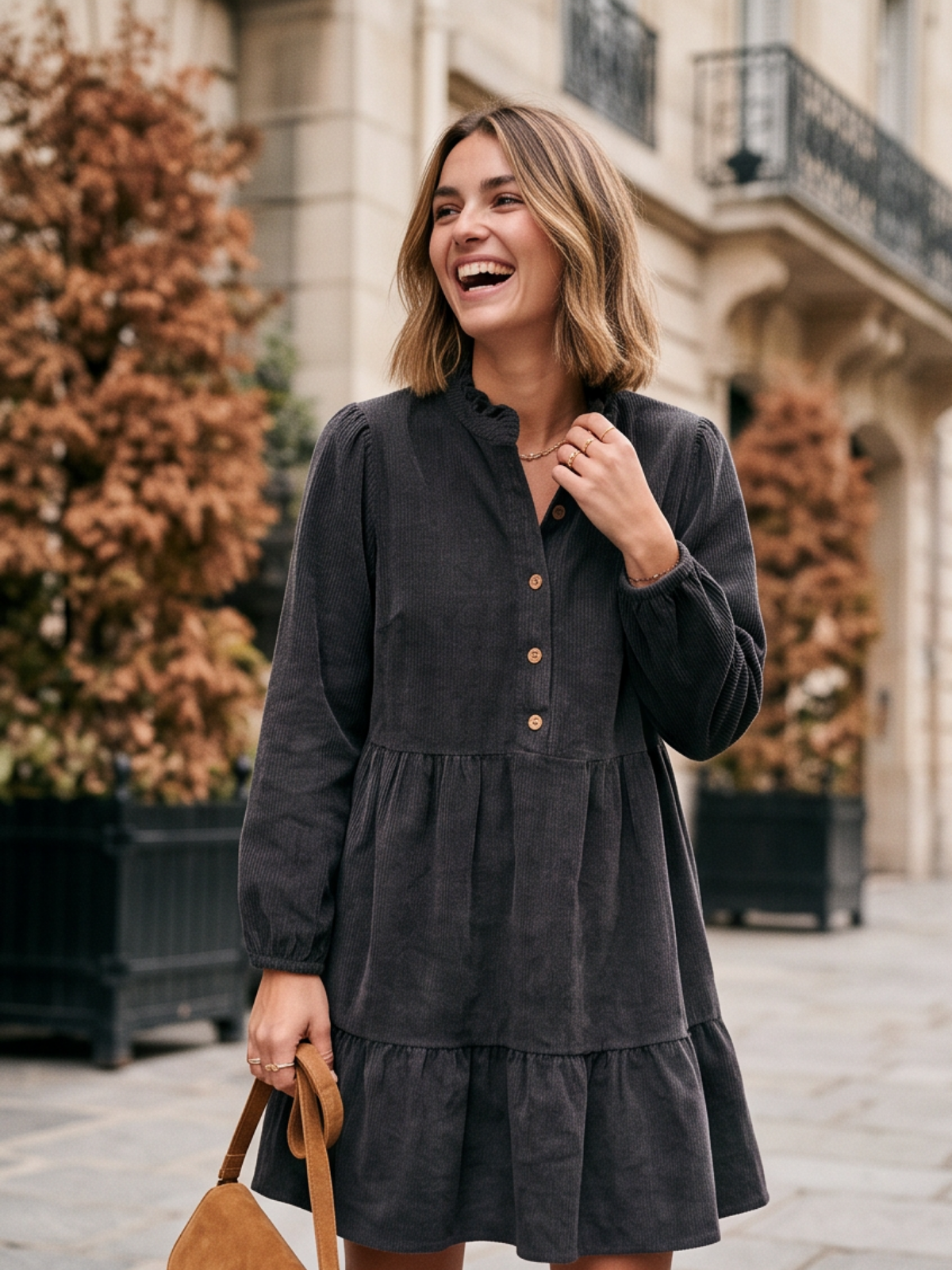 Robe Eugénie - Velours Côtelé Col Volanté