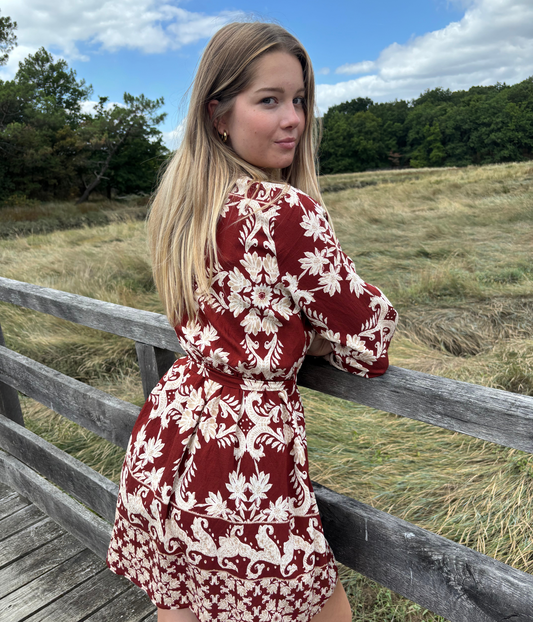 Robe bohème imprimée bordeaux