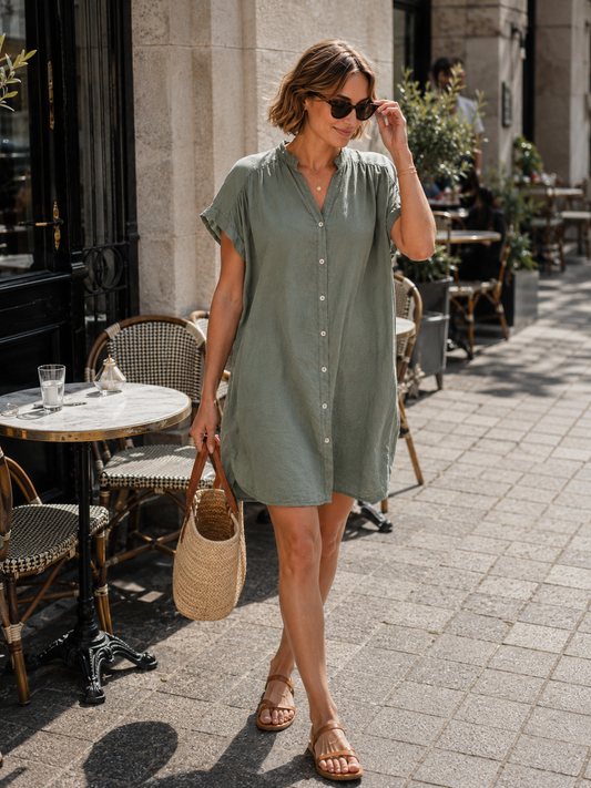 Robe Lin Mélangé Manches Courtes
