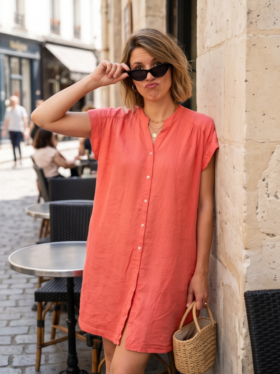 Robe Lin Mélangé Manches Courtes