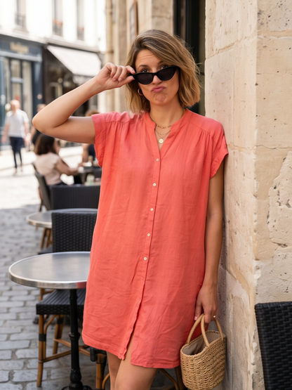Robe Lin Mélangé Manches Courtes