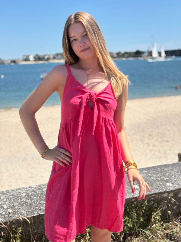 Robe Bohème Lin bleu jean framboise