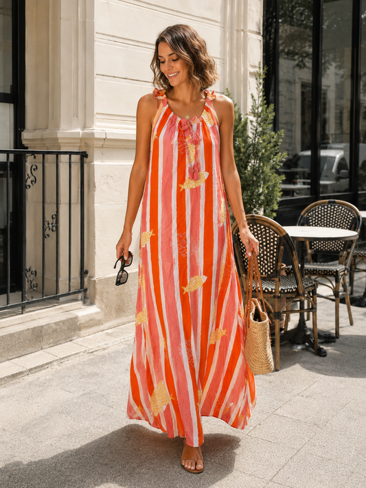 Robe Longue Col Plisse sans Manches