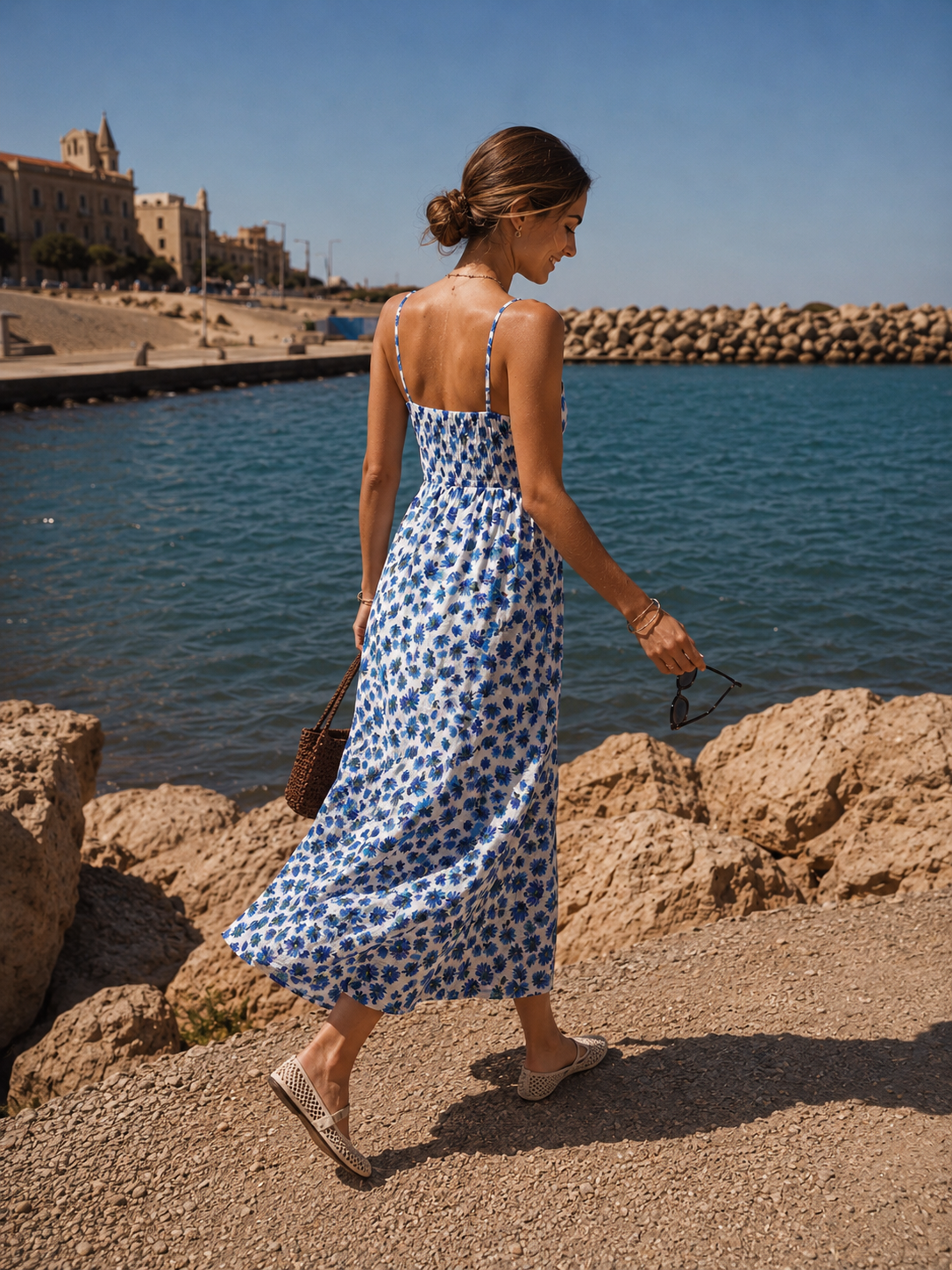 Robe Longue Fleurs Bleu