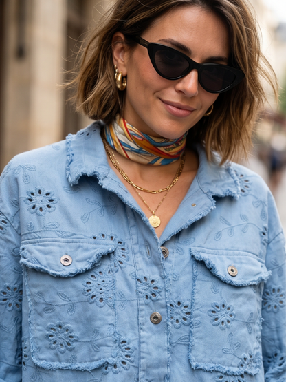 Veste Courte Jean Brodée Fleurs