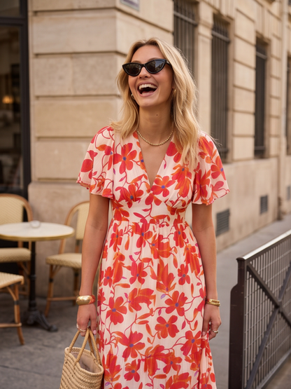 Robe Mathilde - Motif Floral Corail