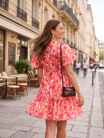 Robe Rosalie - Courte à fleurs rose