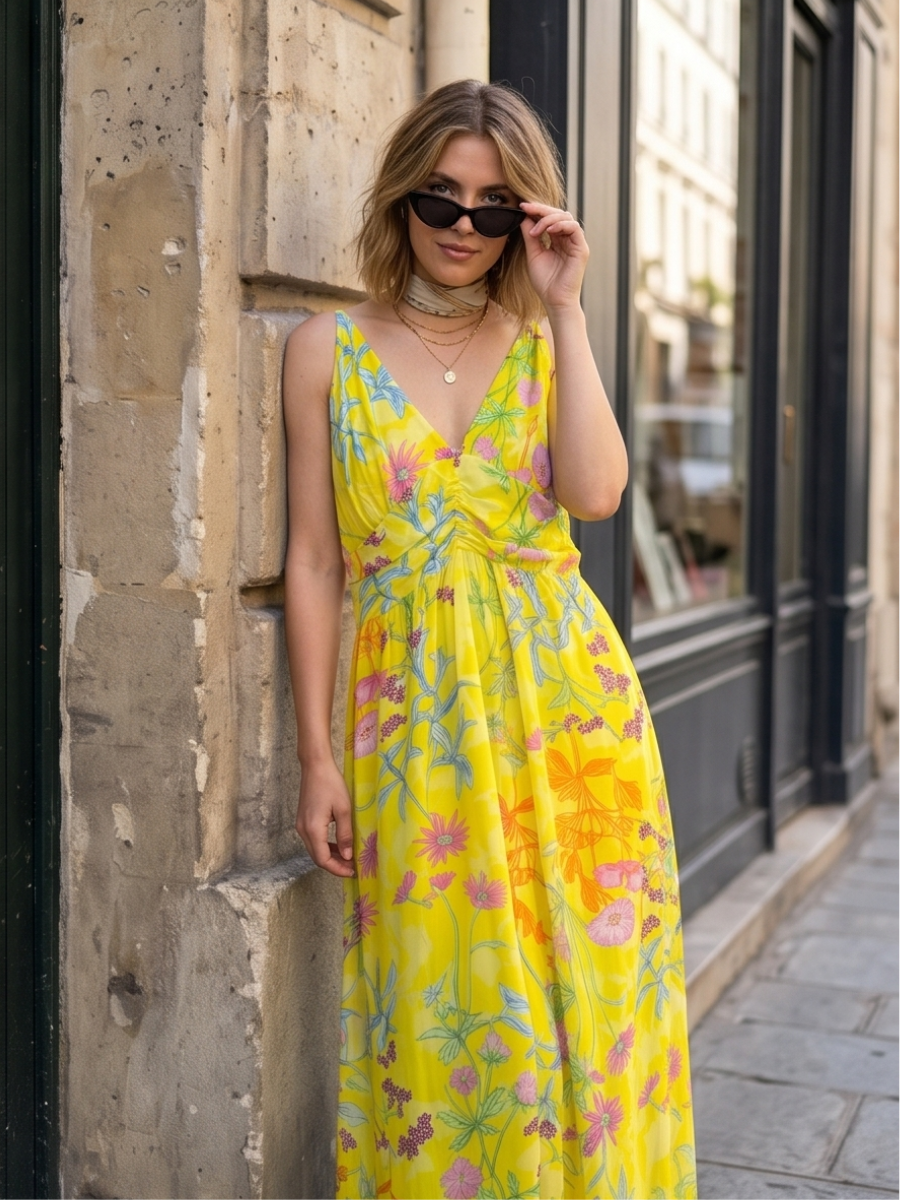 Robe Solange - Bretelles Jaune Fleuri