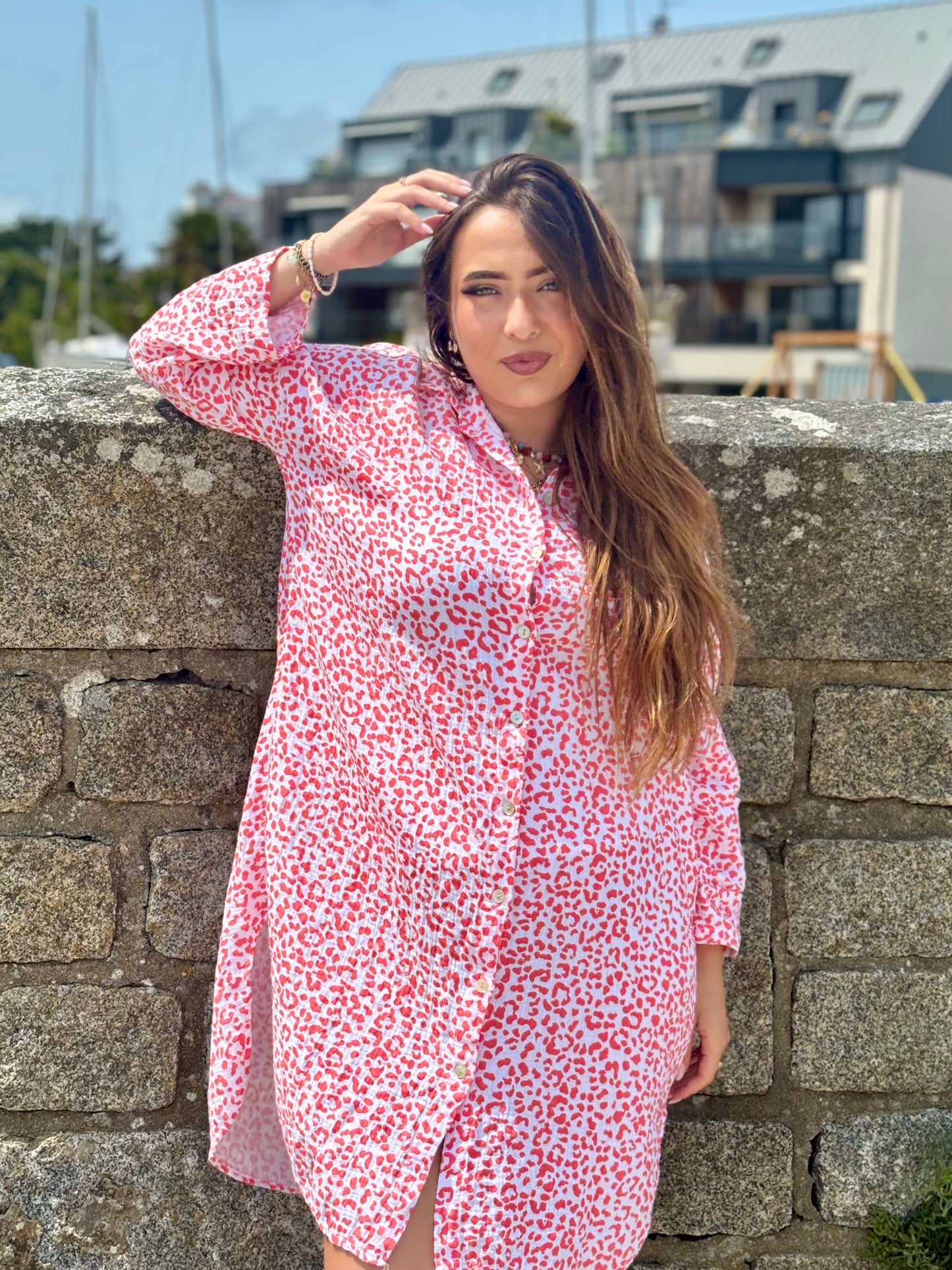 Robe tunique coton imprimé léopard corail