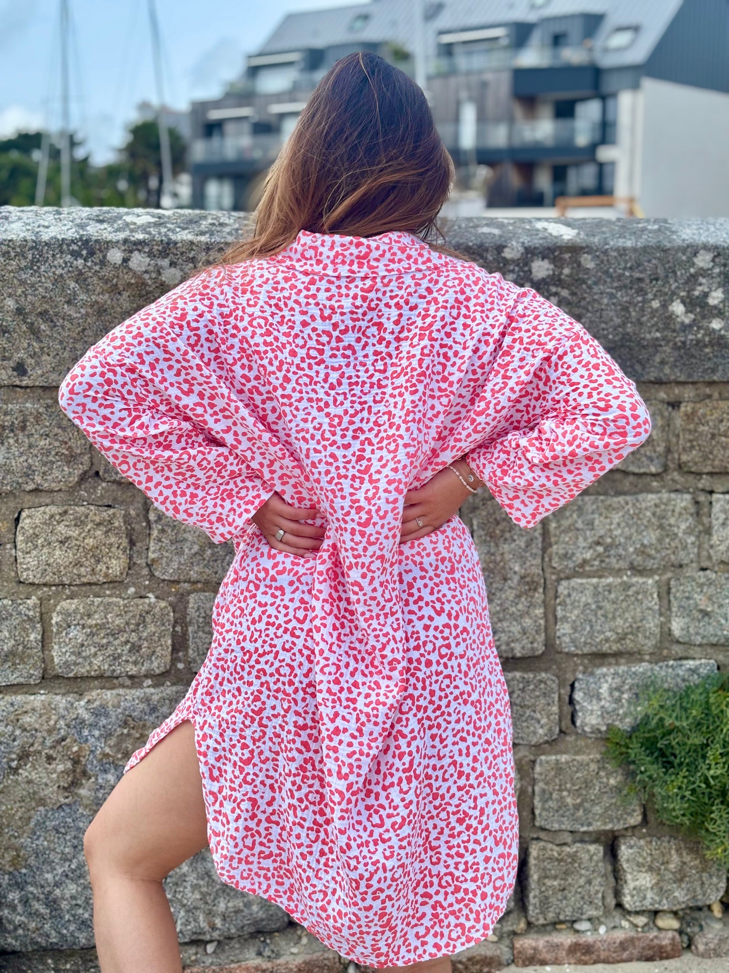 Robe tunique coton imprimé léopard corail