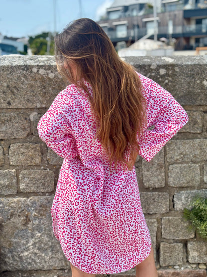 Robe tunique coton imprimé léopard fuchsia
