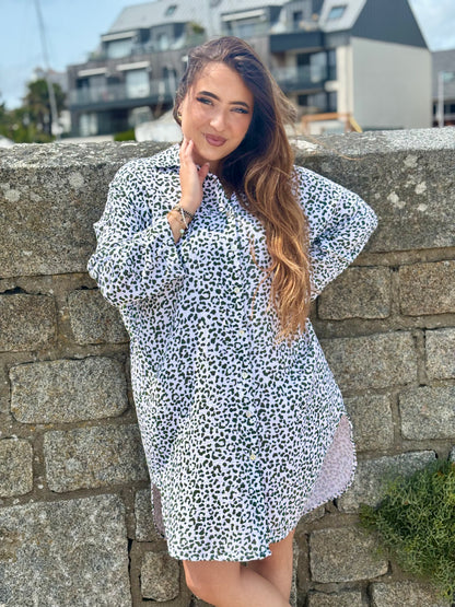 Robe tunique coton imprimé léopard kaki