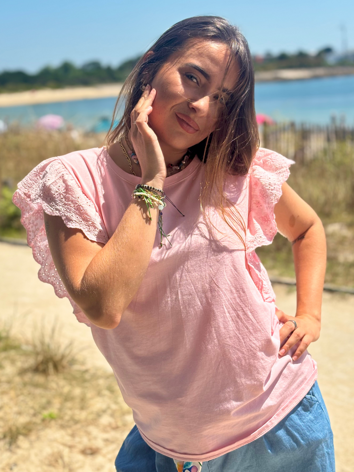Top col rond en coton stretch rose