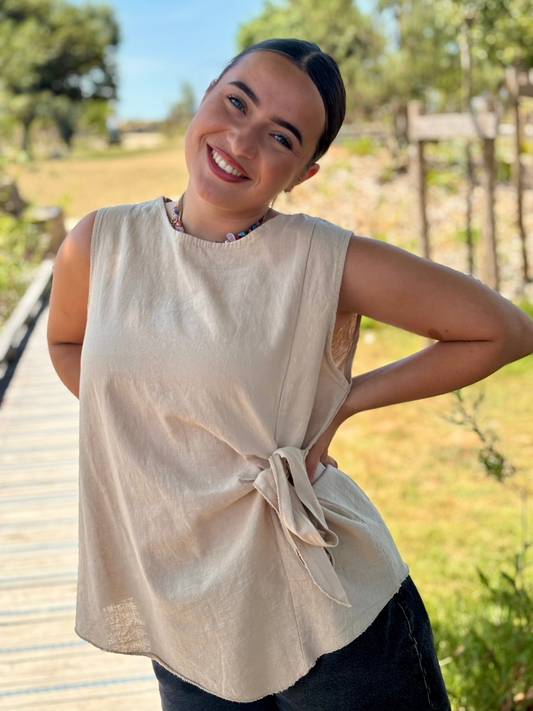 Top sans manches coton/lin camel