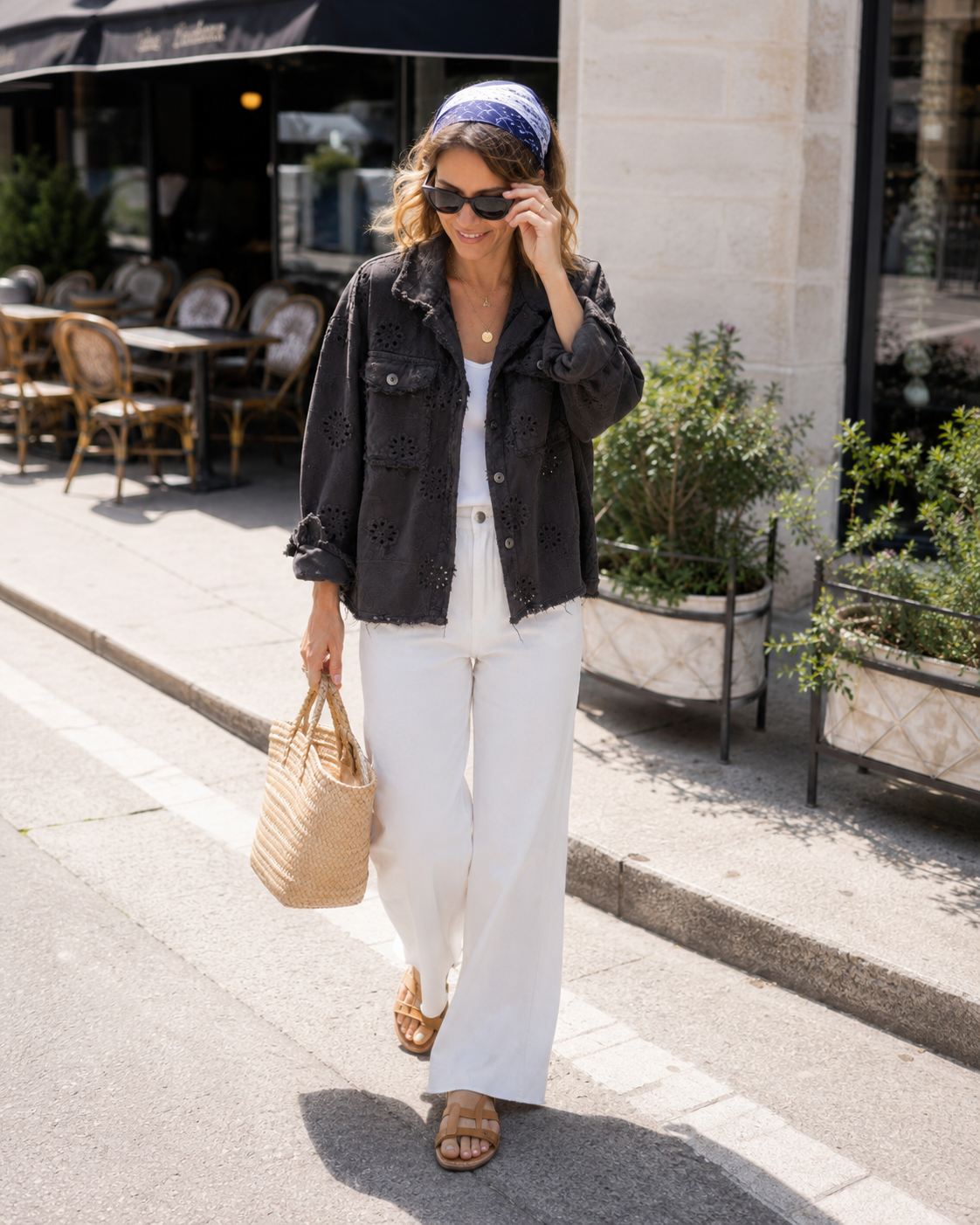 Veste Courte Jean Brodée Fleurs