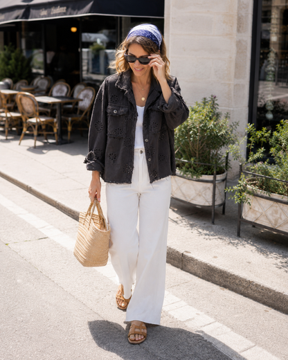 Veste Courte Jean Brodée Fleurs