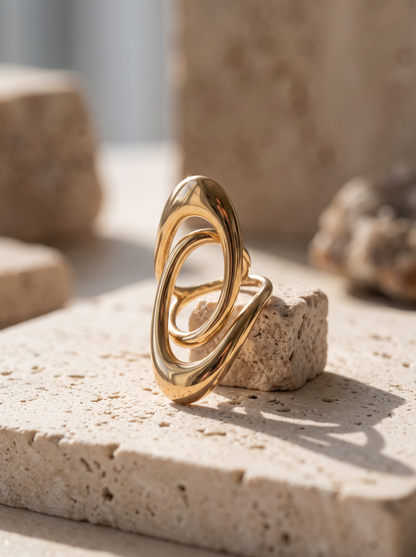 Détail du jeu de pleins et de vides de la bague double ovale