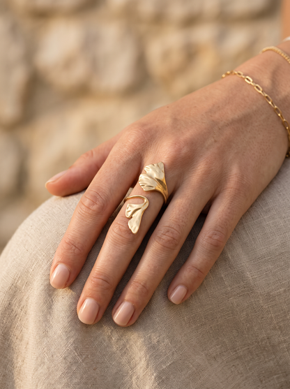 Bague feuille dorée de 4 cm, ajustable, esprit bohème