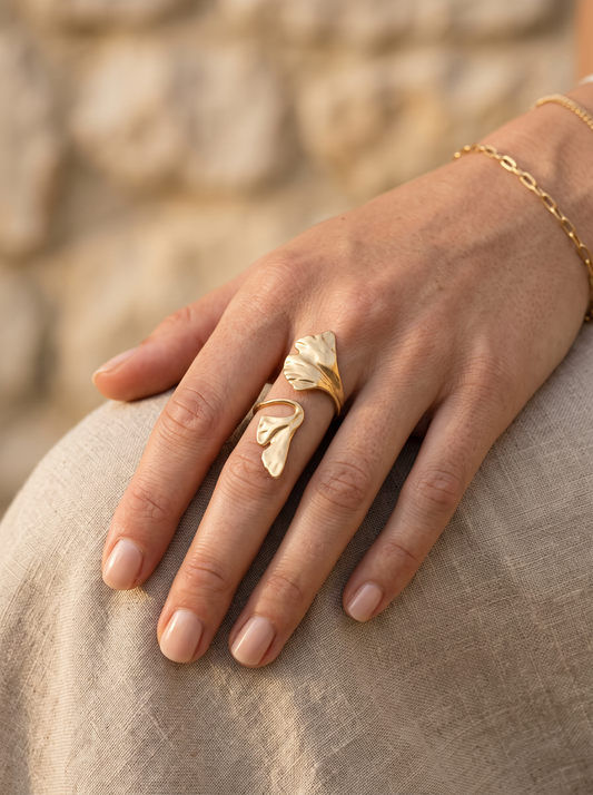 Bague feuille dorée de 4 cm, ajustable, esprit bohème