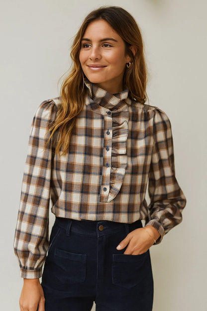 Blouse Carreaux Col Froufrou