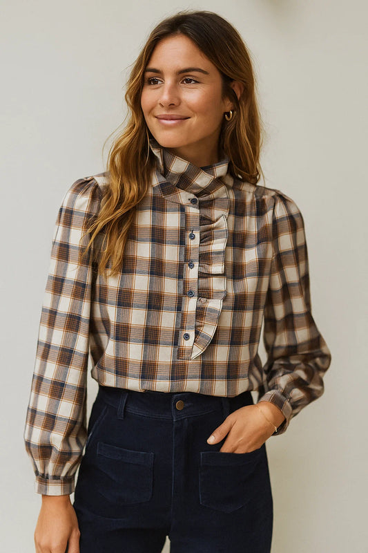 Blouse Carreaux Col Froufrou
