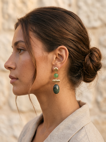 Boucles d'oreilles cascade en pierres naturelles vertes et acier doré