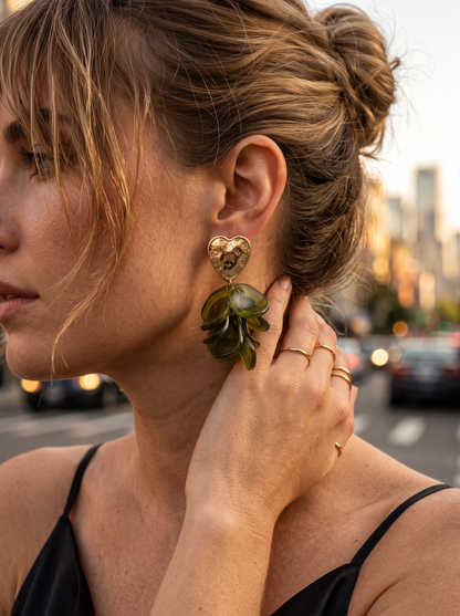 Boucles d'oreilles cœur et pétales, acier inoxydable doré