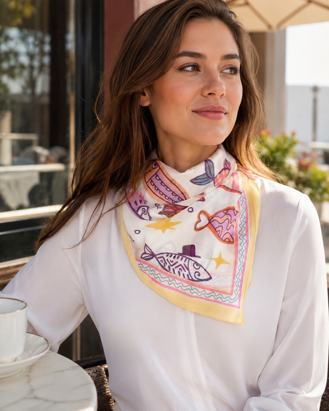 Carré de Foulard en Coton Poissons et Lunes