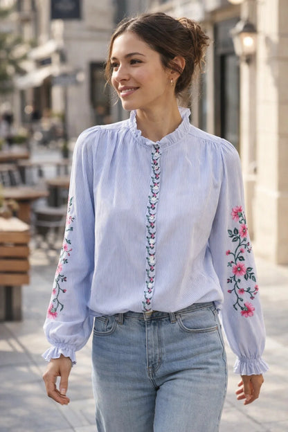 Chemise Rayée Brodée Fleurie