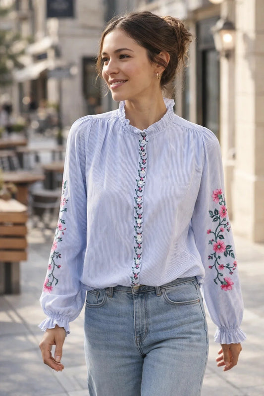 Chemise Rayée Brodée Fleurie