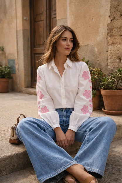 Chemise Manches Brodées Rose