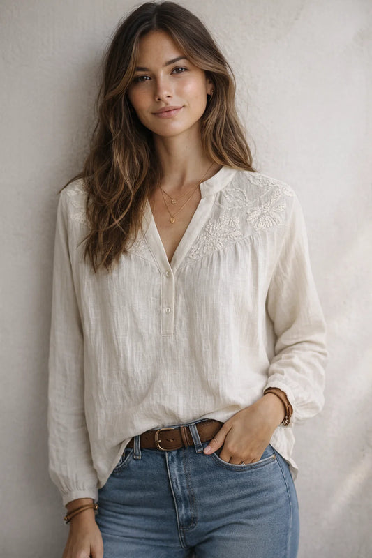 Chemise Broderies Florales Écru