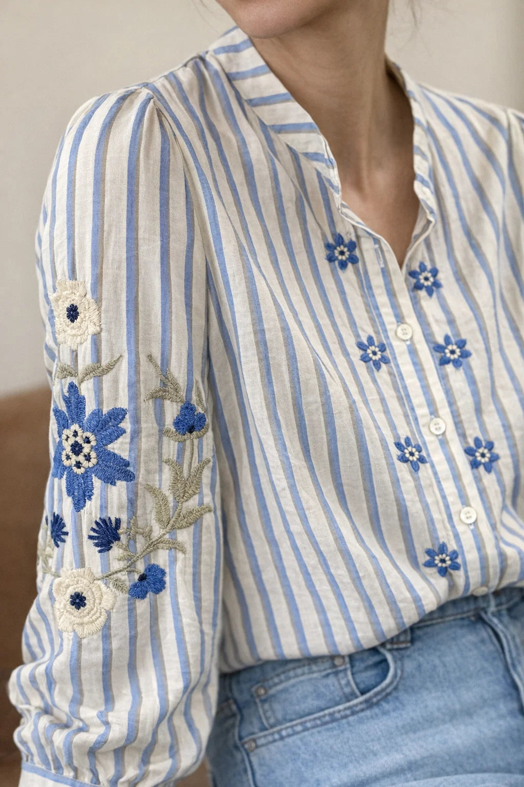 Chemise en lin à manches courtes en Bleu moyen Chemise en lin à manches courtes en Bleu moyen