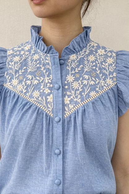 Chemise sans Manches Bleue Brodée