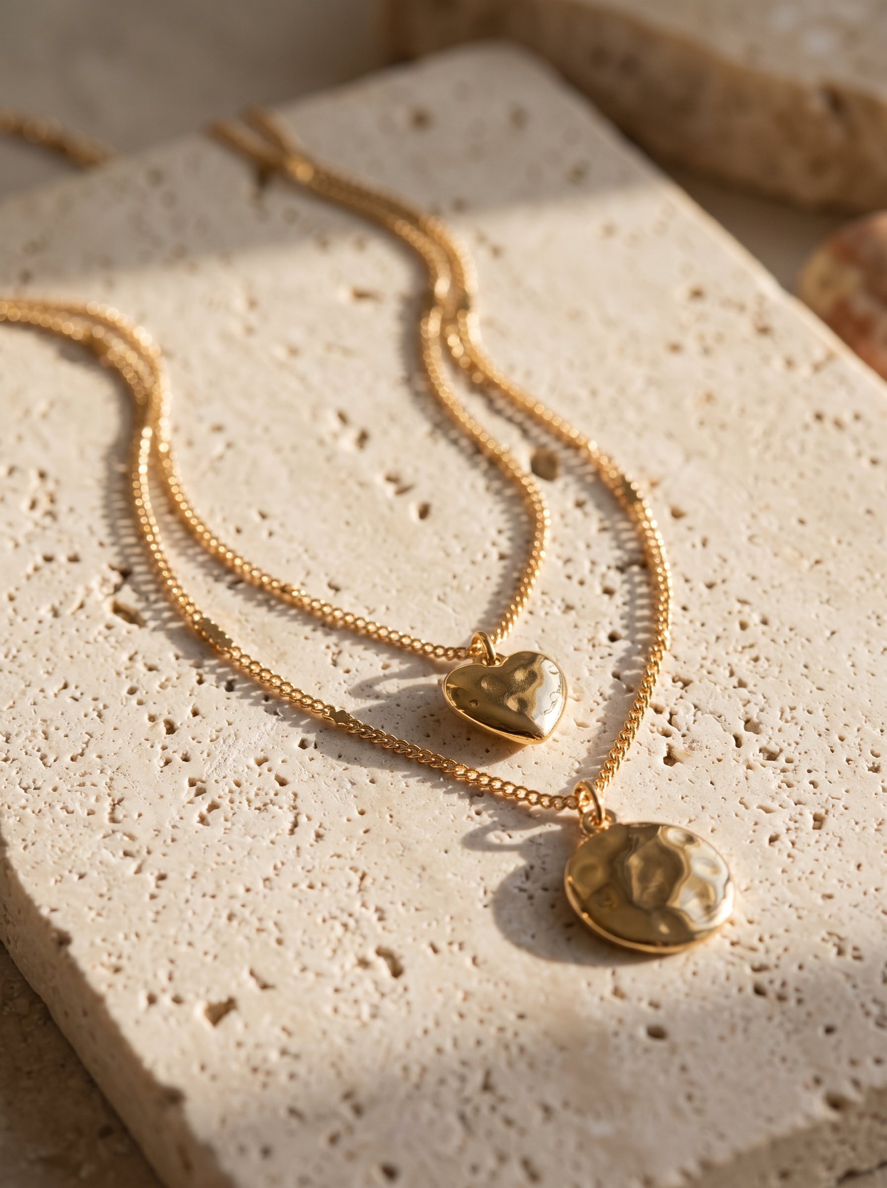 Collier double rang doré à cœur et médaille martelée