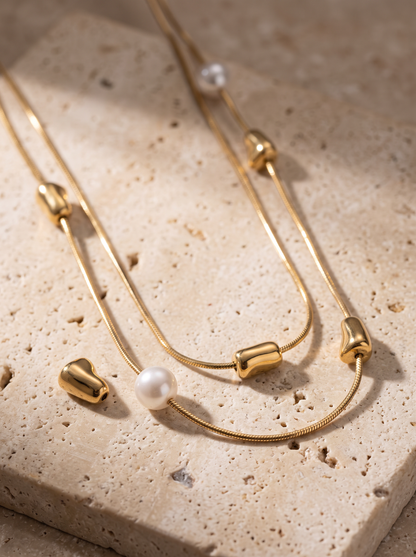 Collier double rang doré, chaînes de 38 et 42 cm
