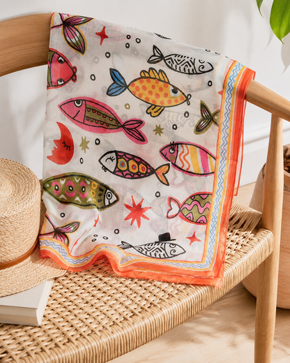 Carré de Foulard en Coton Poissons et Lunes