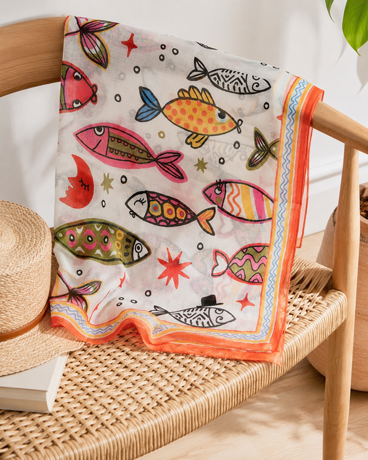 Carré de Foulard en Coton Poissons et Lunes