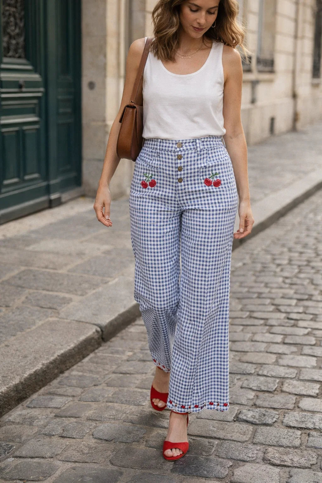Pantalon Brodé Cerise