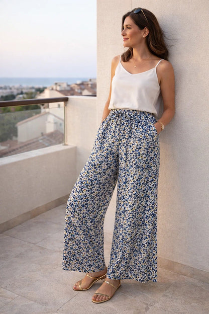 Pantalon Fleurs Bleu