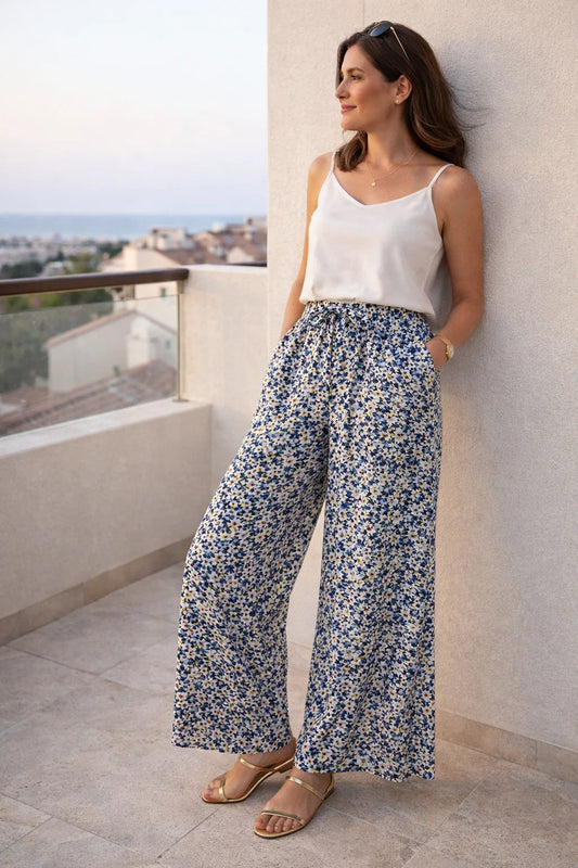 Pantalon Fleurs Bleu