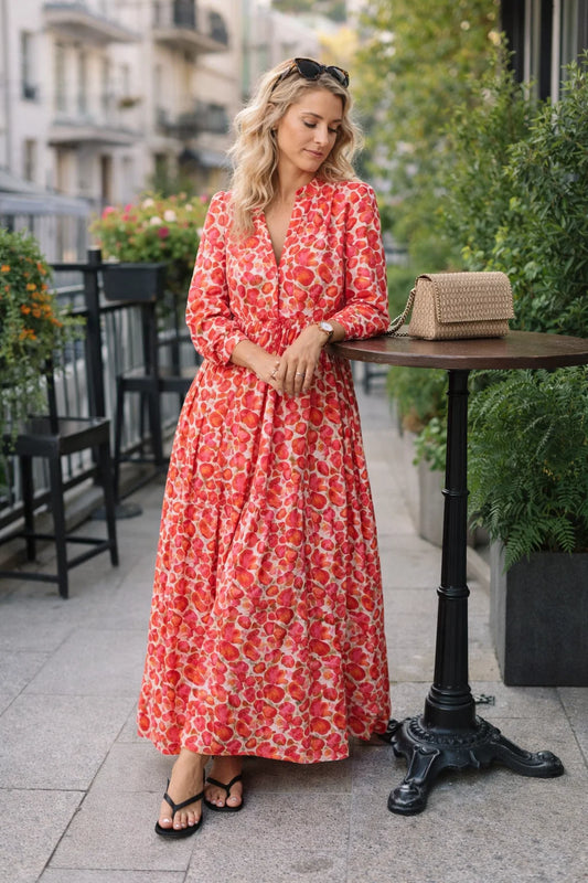 Robe Longue Fleurie Col Mao