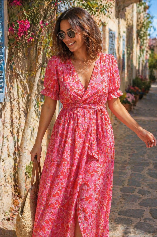 Robe Portefeuille Fleurie Rose